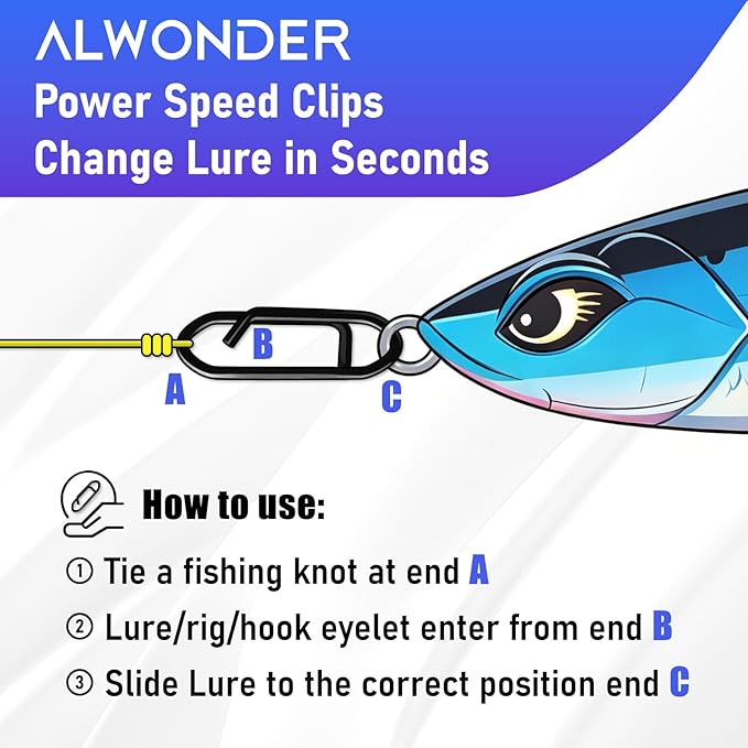 Alwonder 50-Pack Fishing Stealth Power Speed Clips, High Strength Stainless Steel Speed Clips for Fishing Lures Quick Change, Freshwater Saltwater Crankbait Popper Lures Quick Snap Connector