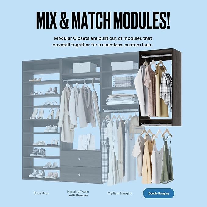 Double Hanging Closet Unit - Modular System for Hanging - Corner Organizer and Storage Shelves (Grey, 24 Inches Wide)
