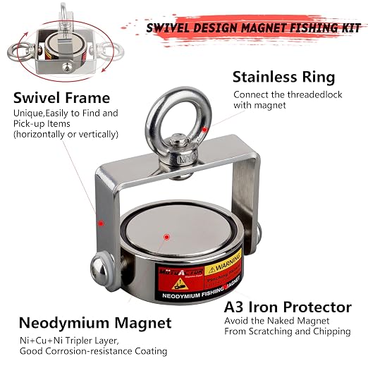 MUTUACTOR Fishing Magnet Kit,Combined 1240lb Strong Rotatable Magnet Fishing Heavy Duty,Permanent Neodymium Rare Earth Magnets with 65Ft Salvage Rope,Anti-Slip Gloves for Retrieving Treasures