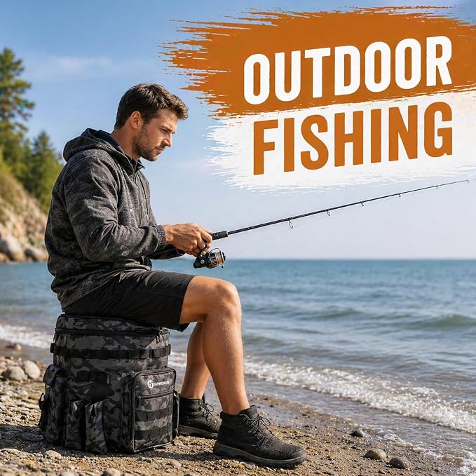 FUNHORUN Fishing Bucket Organizer with 5 Gallon Bucket & 360° Rotating Seat Lid, Fishing Tackle Bag with Backpack Straps, Full Water-Resistant Design & Multi-Pockets (Fishing Tools Not Included)