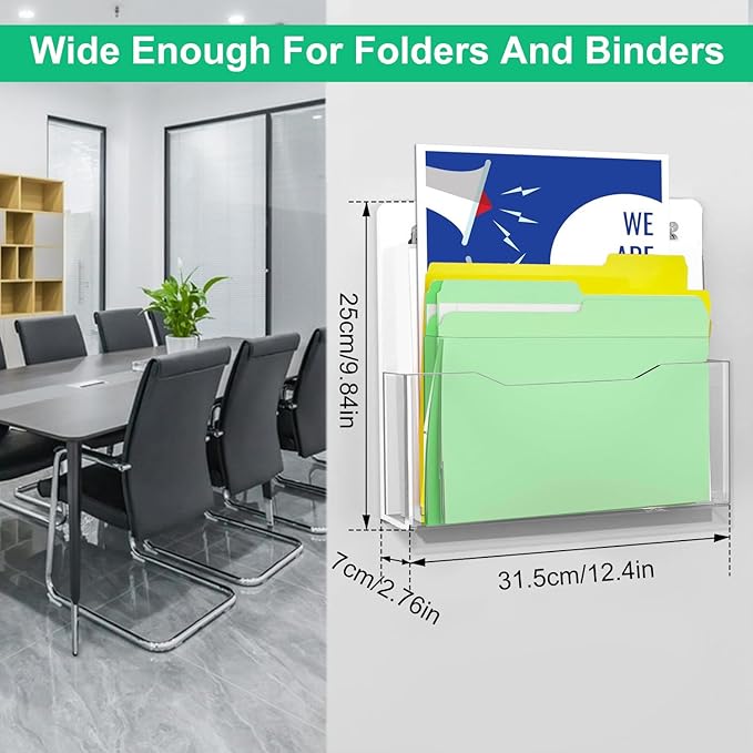 ZHIDIAN Magnetic Wall File Organizer - Clear Acrylic Hanging File Holder, Wall Mount Folder Mail Document Magazine Holder for Office, Fridge, Whiteboard, 2Pack