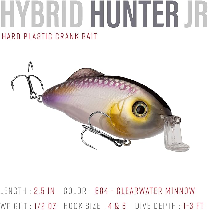 Strike King Hybrid Hunter Shallow Jr. Fishing Lure, Shallow Diving Crankbait, 90-Degree Bill, 3D Eyes, Loud Rattle, Dives 1 to 3-Feet,Size 4 & 6 Treble Hooks
