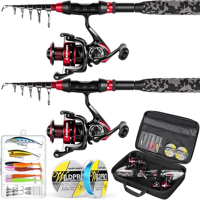 Ghosthorn Fishing Rod and Reel Combo Collapsible Fishing Pole Telescopic Fishing Rod Combo Travel Portable Fishing Set Carbon Fiber with Carrier Bag for Saltwater Freshwater