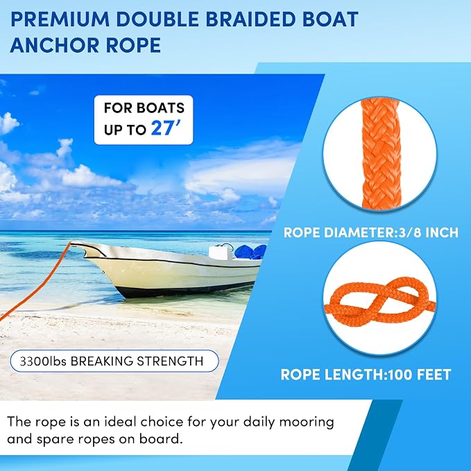 Boat Anchor Rope 100 ft x 3/8 inch Orange, Double Braided Anchor Line with Stainless Steel Thimble & Shackle, Marine Rope Ideal for Towing,Mooring,Decks,Anchoring,for Boats Up to 27'