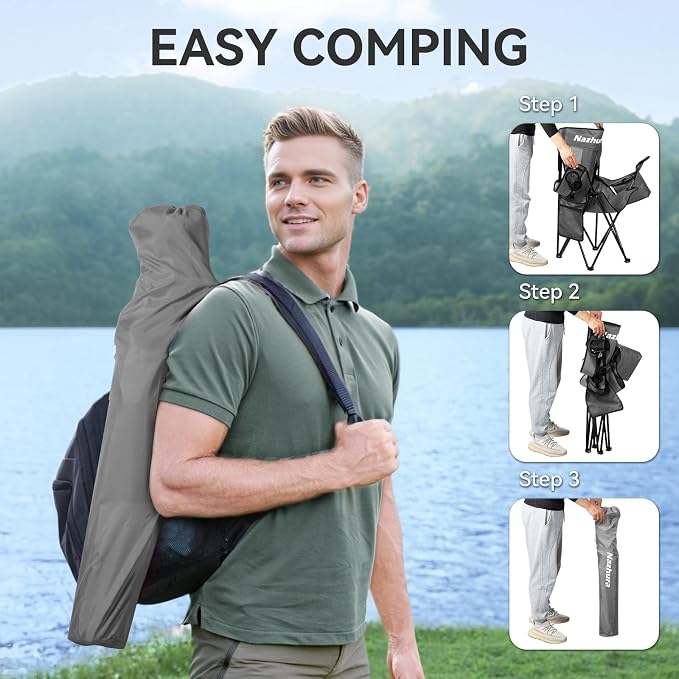 Nazhura 2 Pack Outdoor Camping Chairs Folding/Foldable/Portable with Cooler Pouch, Mesh Backrest and Cup Holder Pocket(Grey, 2 Pack)