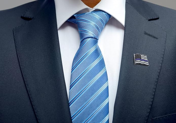 Thin Blue Line American Flag USA Lapel Pin Set - Waving Flag + Rectangle Bar - Silver Colored Metal Plated - Luxury Clothing Accessories