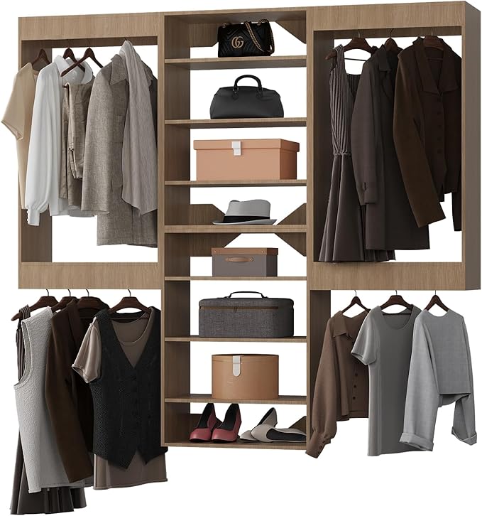 ROOMTEC Modular Closet System, 66" Wall-Mounted Closet Organizer with Hanging Rods and Shelves, Wooden Tower for Walk-In Closets, Wardrobe Storage Kit, Wood