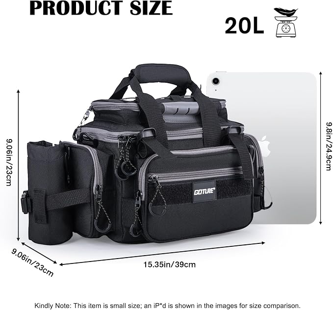 Goture Fishing Tackle Bag, 600D Water-Resistant Soft Side Crossbody Sling Bag with Rod Holder,Small Gear Storage Tactical Bags for Saltwater & Freshwater,Fits 4 3600 Tackle Boxes (Not Included)