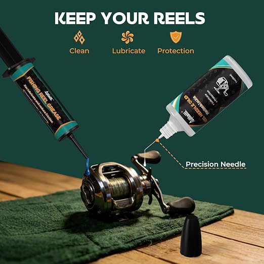 Fishing Reel Oil Kit - Reel Care Kit with 1oz Needle Oiler, 0.9oz Reel Grease, 2oz Cleaning Oil for Lubricate, Protect & Clean - Fishing Gear Maintenance Cleaning Set for Father’s Day
