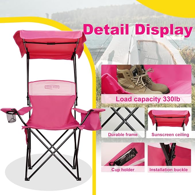 YoungWood Camping Chair with Canopy, Beach Chair with Shade,Portable,Lightweight Oversized for All, Easy to Open and Close Without Installation, Side Pocket,cooling bag Design for All Activities,Pink