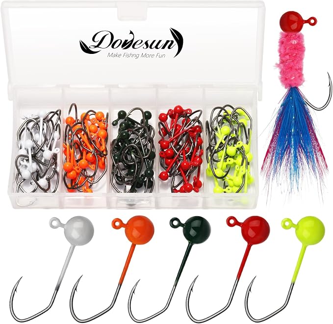 Dovesun 100pcs Fly Tying Jigs Kit, Jig Heads for Fly Fishing 1/124oz 1/80oz 1/64oz 1/32oz 1/16oz Jig Head Small Fly Fishing Hooks DIY Lure Making Kit Suit for Tying Flies | Crappie Lures