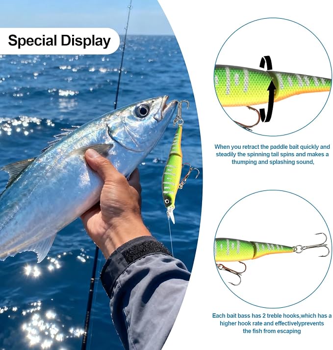 Whopper Fishing Lure for Bass：Popper Top Water Fishing Lures with Floating Rotating Tail Barb Treble Hooks Saltwater Freshwater Plopping Lures Kit