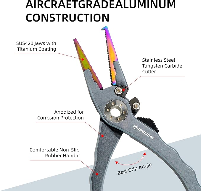 Fishing Pliers for Saltwater & Freshwater, with line Cutter, 6 or 7.5 inch, Hook Remover Pliers, SUS420 Jaws with Titanium Coating, Tungsten Carbide Cutter (Natural, 7.5 inch)