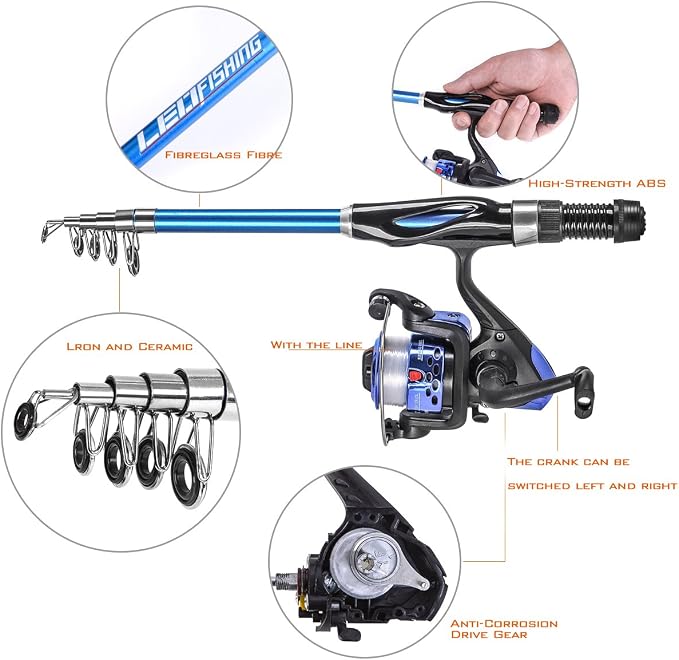 Leo Light Weight Kids Fishing Pole Telescopic Fishing Rod and Reel Combos with Full Kits Lure Case and Carry Bag for Youth Fishing and Beginner 130CM (Rod and Reel Combos with Full Kits and Carry Bag)