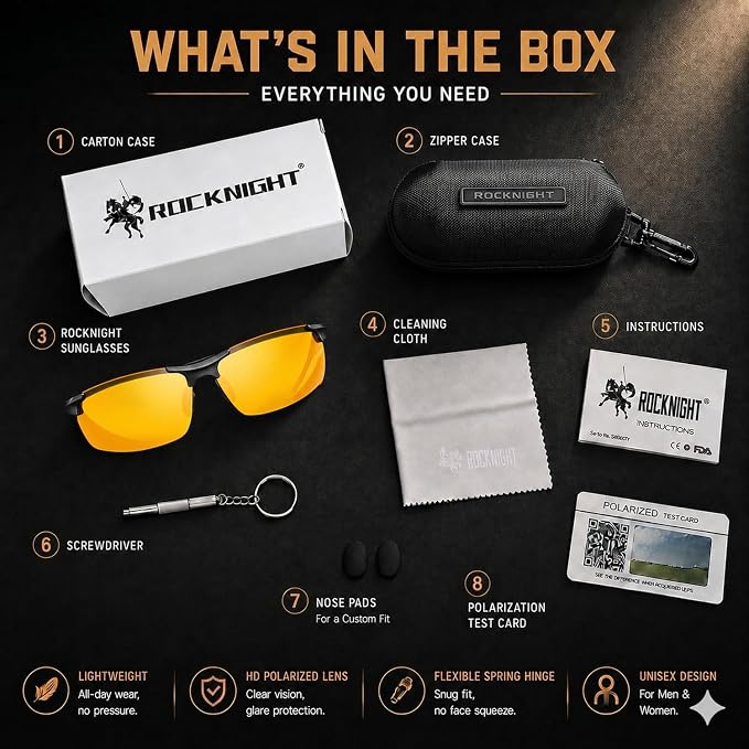 ROCKNIGHT Polarized Rectangular Sunglasses for Men Driving UV400 Protection Lightweight Al‑Mg Frame