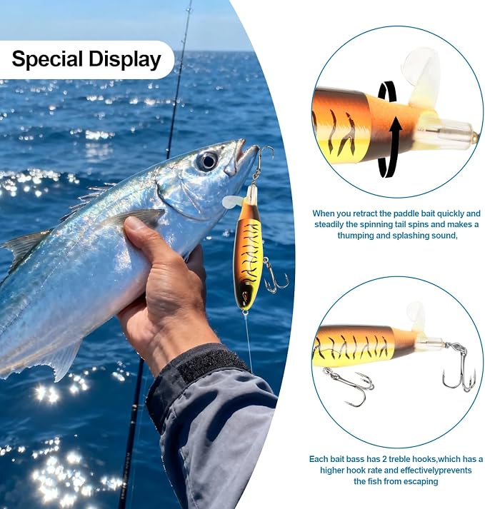Popper Top Water Fishing Lure: Whopper Fishing Lures with Floating Rotating Tail Barb Treble Hooks Saltwater Freshwater for Bass