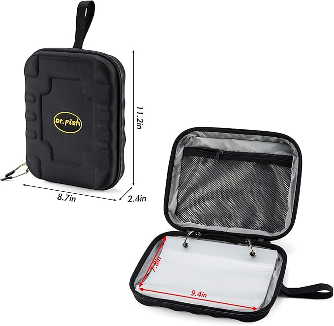 Dr.Fish Soft Bait Binder Organizer, Lure Hard Cover Fishing Tackle Storage Binders, Organized Bag with 8 Waterproof PVC Pockets for Worm Snell Rigs Jigs Baits Wrap Wallet