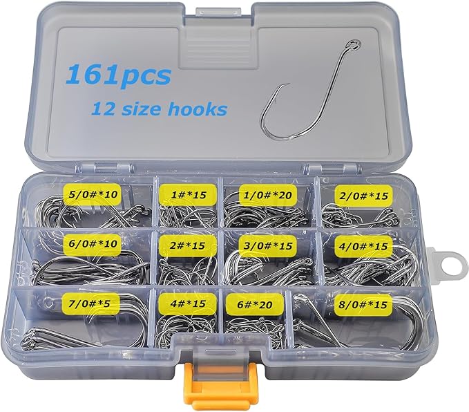 Fishing Hooks Set High Carbon Steel Catfish Bulk Strong Circle Fishing Hooks Mixed Size for Saltwater Freshwater 161PCS