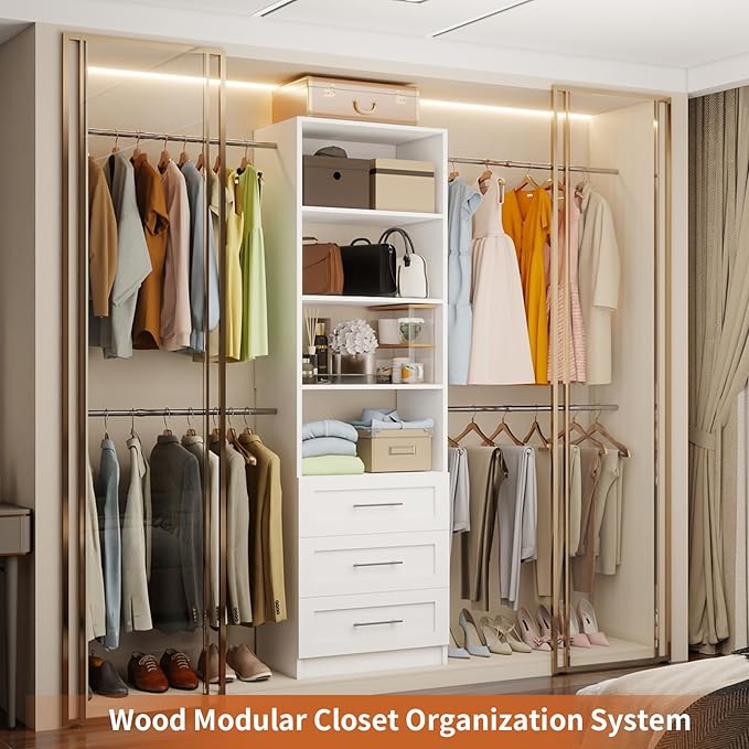 Closet System with Drawers, 4-8FT Closet Organizer System, 96” Walk in Closet Organizer Tower with Adjustable Shelves, Modular Closet Storage Drawer System with 4 Expandable Hanging Rods, White