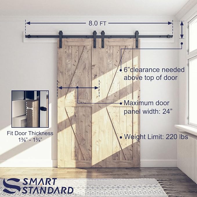 SMARTSTANDARD 8 FT Double Barn Door Hardware Kit, Sliding Door Track-Smoothly and Quietly -Includes Detailed Installation Fit 24" Wide Doorpanel (J Shape Hanger) Black