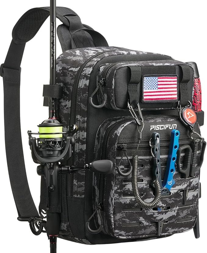 Piscifun Fishing Backpack Tackle Bag with 2 Rod Holders, Multi-Compartment Storage, MOLLE System, Water-Resistant Lightweight Outdoor Pack