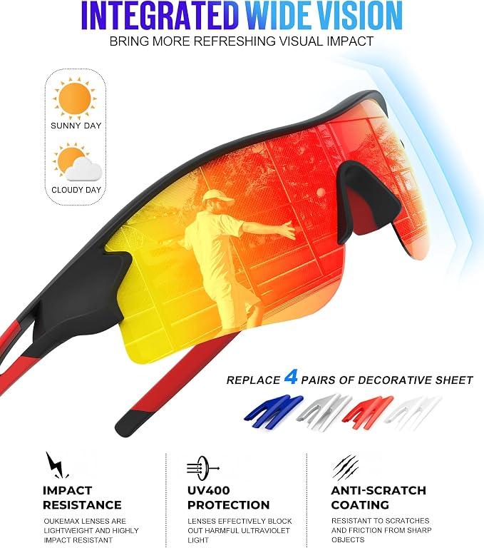 Polarized Sports Sunglasses for Men Women, UV400 One-Piece Lens Sport Shades for Baseball, Running, Cycling, Fishing
