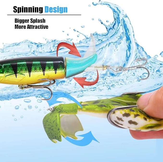 Topwater Bass Fishing Lure Kit, Plopping Propeller Tail Bigger Splash Whopping, Soft Plastic Frog Bait 3D Eyes Lifelike Body Pattern, for Bass Snakehead Musky Pike Walleye, 5 pcs…
