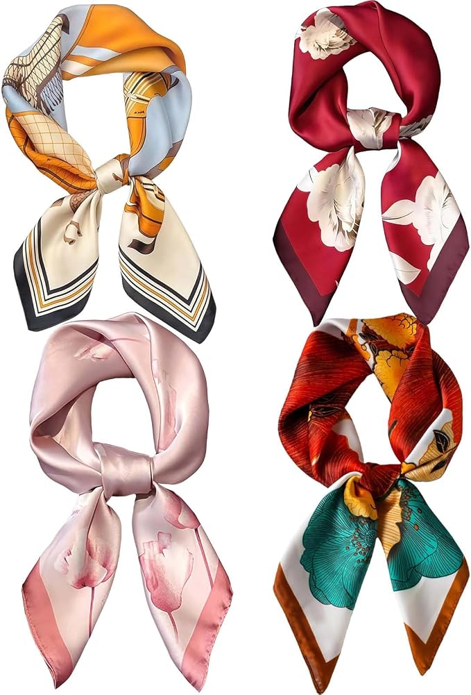 4PCS Neck Scarf Bandanas for Men and Women, Silk Feeling Head Scarfs, Fashion Neckerchief Square Purse Scarf