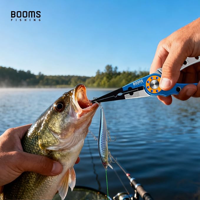 Booms Fishing X1 Aluminum Fishing Pliers Saltwater, Surf Fishing Tackle Kit, Fishing Multitool Hook Remover Braided Fishing Line Cutting and Split Ring with Coiled Lanyard and Sheath