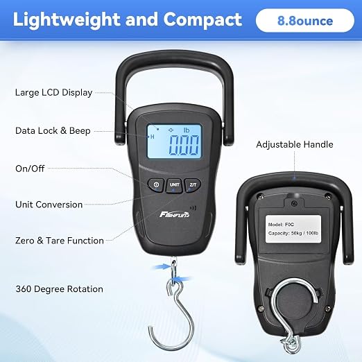 Rechargeable Fish Scale, Digital Hanging Fish Weight Scale with Large Handle and Tape Measure for Fishing, Hunting, Outdoor, Farm, 110lb/50kg