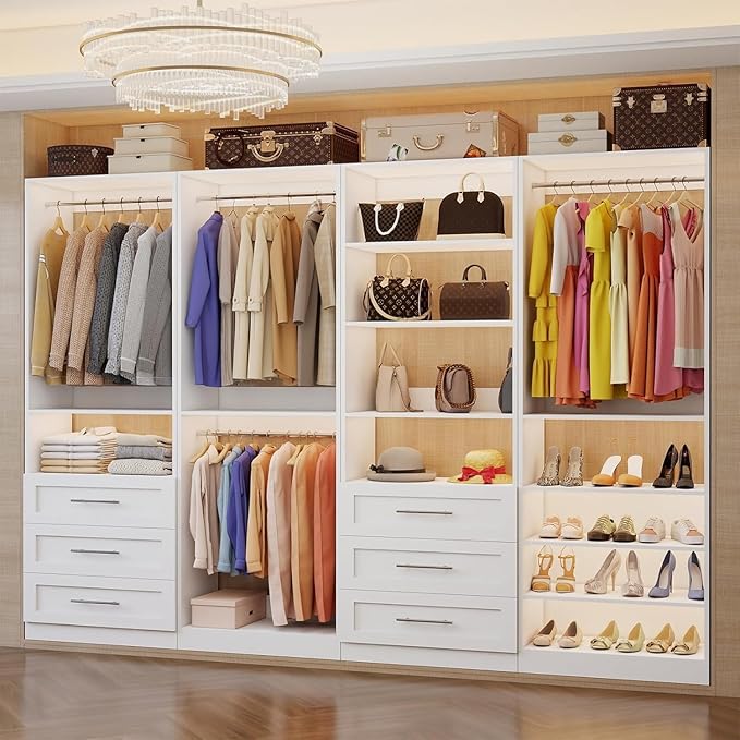 Closet System with 4 Sets, 8–21 FT Closet System with 6 Drawers, 9 Shelves & 8 Hanging Rods, Max 252″ Closet Organizer System for Walk in Closets, Modular Custom Wood Closet Kit with Shoe Racks, White