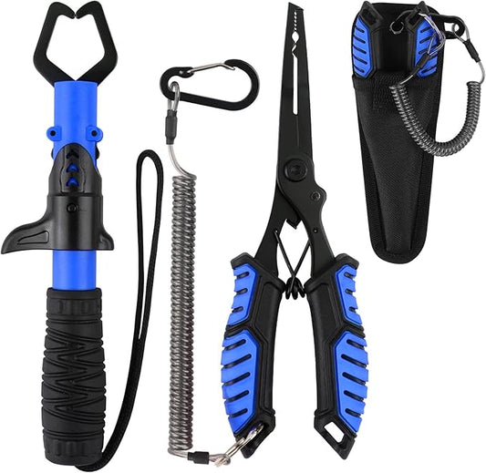 mouhike Fishing Pliers Fish Lip Gripper Fishing Tool Kit Muti-Function Saltwater Fishing Line Cutter Hook Remover with Sheath Lanyard, Fly Ice Fishing Gear Fishing Gifts for Men Women