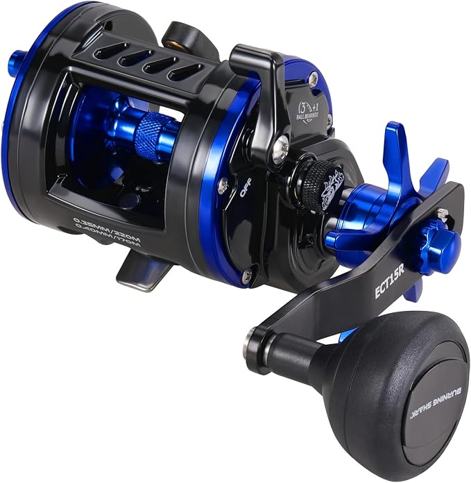 Burning Shark Baitcasting Fishing Reel, Smooth Powerful Round Baitcaster Reel, Saltwater Inshore Surf Trolling Reel, Conventional Reel for Catfish, Musky, Bass, Pike