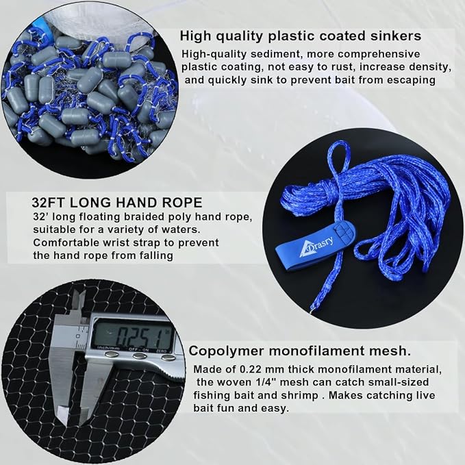 Drasry Saltwater Fishing Cast Net 3/8 and 1/4 Mesh with Heavy Duty Gray Sinker American Monofilament Fish Throw Net for Bait Trap 3FT 4FT 5FT 6FT 7FT 8FT 9FT Radius