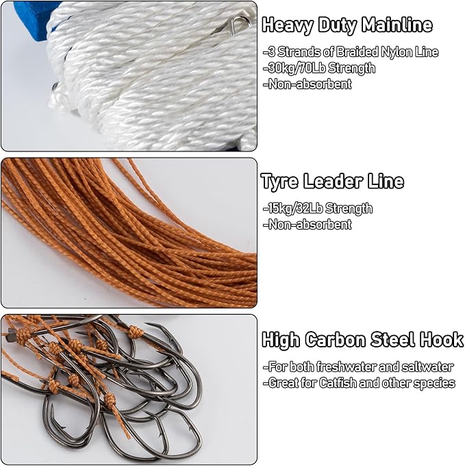 Dr.Fish 100/295ft Trotline Fishing Set up 20/60 Hooks Twine Pre-Rigged Snaps Leader for Traditional Dropline Catfishing Gear Kit Catfish Rig Catfishing Tackle
