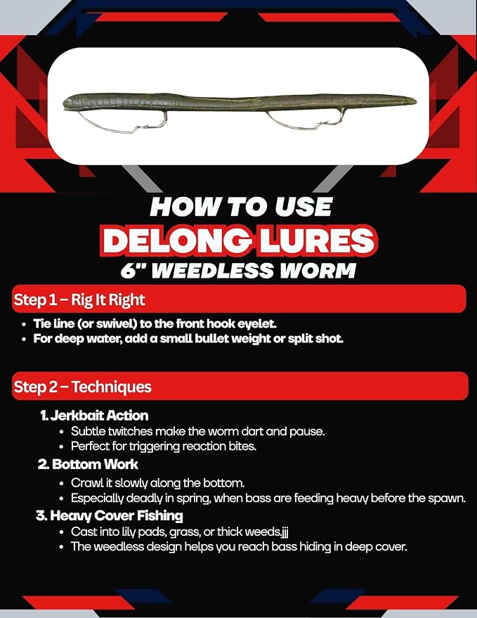 DeLong Lures 6" KILR Worm – Made in USA Weedless Pre-Rigged Soft Plastic Swimbaits, Extra Durable Bass Fishing Lures for Pike and More, 5-Pack Variety