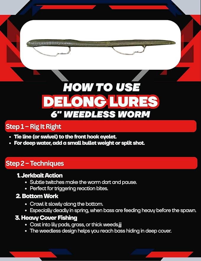 DeLong Lures 6" KILR Worm – Made in USA Weedless Pre-Rigged Soft Plastic Swimbaits, Extra Durable Bass Fishing Lures for Pike and More, 5-Pack Variety