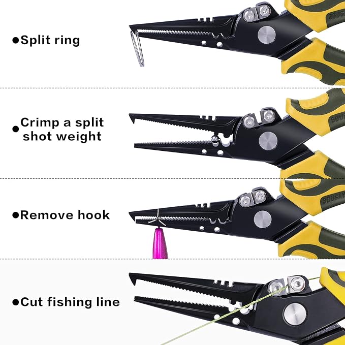 Sougayilang Fishing Pliers,Sheath and Lanyard Tungsten Carbide Cutters,420 Stainless Steel Fishing Tools,Saltwater Resistant Fishing Gear with Rubber Handle-7.5'' Split Ring Nose - Yellow