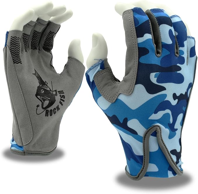 Cordova Rock Fish FP2000B Blue Camo Fishing Gloves with Standard Wrist and Synthetic Leather Palm, Durable, Salt & Fresh Water