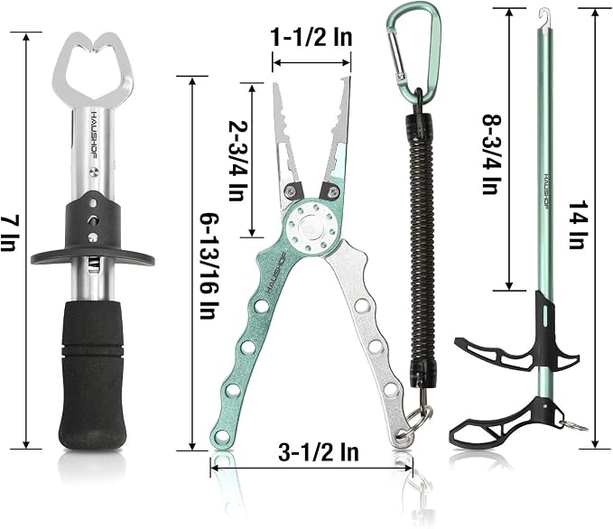 HAUSHOF 3PC Fishing Tool Kit, Stainless Steel Fish Lip Gripper, Aluminum Fishing Pliers with Sheath, Fish Hook Remover with Safety Coiled Lanyard