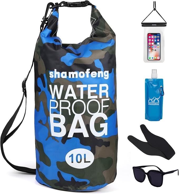 Waterproof Dry Bag 5L/10L/15L/20L/30L Roll Top Dry Storage Backpack with Phone Case, Collapsible Water Bottle, Sunglasses, Ear Band for Kayaking Boating Swimming Fishing Camping, Blue 10L