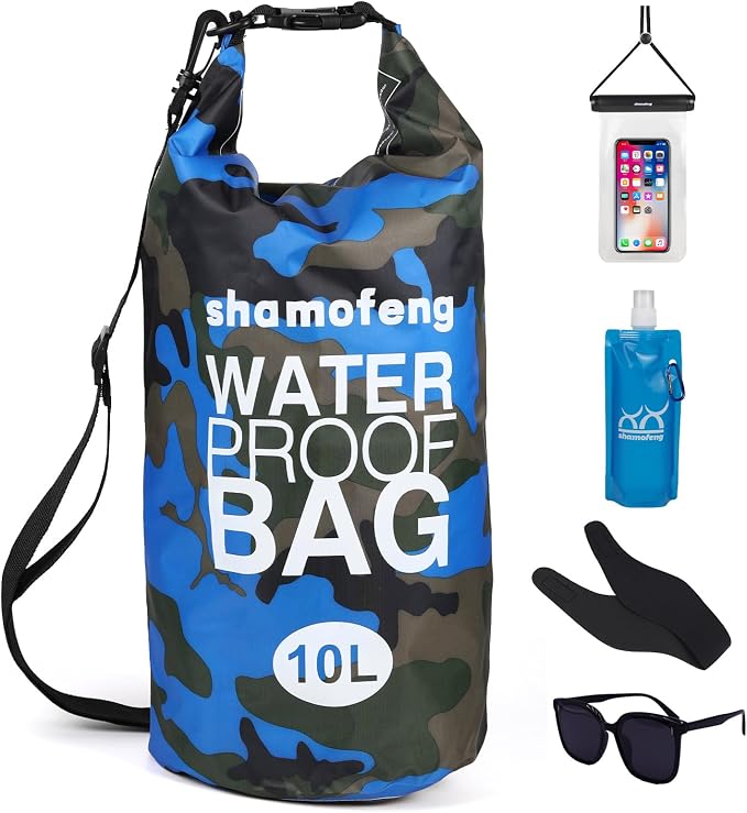 Waterproof Dry Bag 5L/10L/15L/20L/30L Roll Top Dry Storage Backpack with Phone Case, Collapsible Water Bottle, Sunglasses, Ear Band for Kayaking Boating Swimming Fishing Camping, Blue 15L