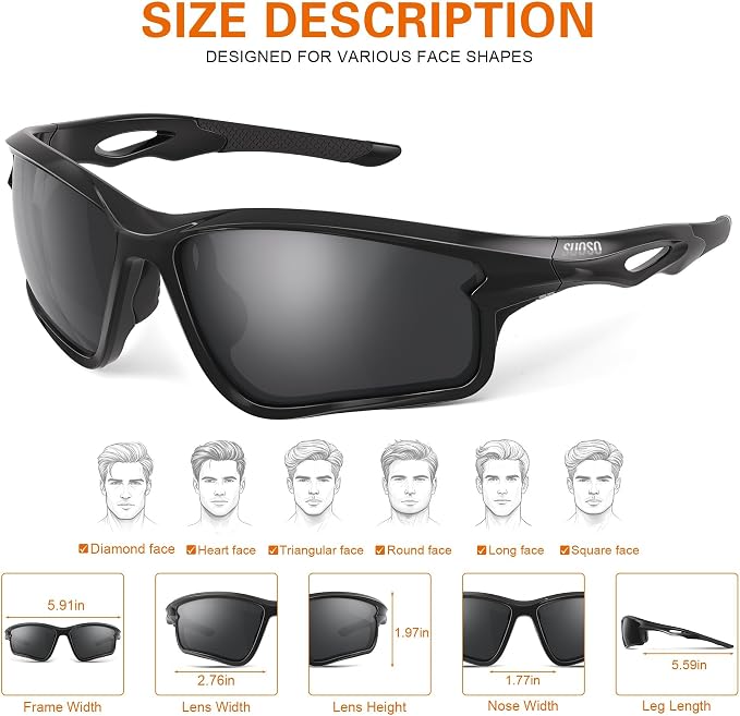 suoso Sports Polarized Sunglasses for Men: TR90 UV400 Protection Sun Glasses Squash Goggles Wrap Around Goggles for Drving