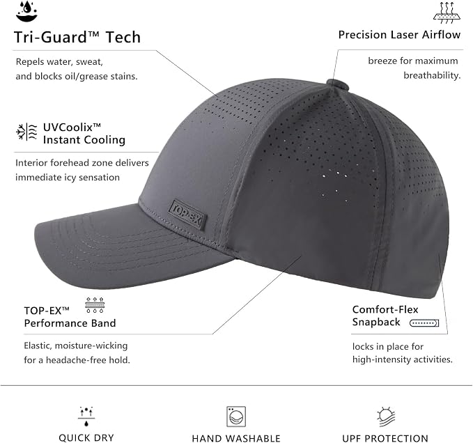 TOP-EX Performance Baseball Cap Water-Resistant Beathable Golf Running Cap Laser Cut Mesh Ball Curved Brim Snapback Hat