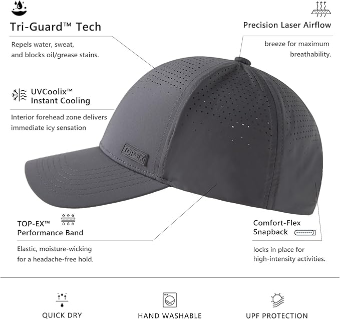TOP-EX Performance Baseball Cap Water-Resistant Beathable Golf Running Cap Laser Cut Mesh Ball Curved Brim Snapback Hat