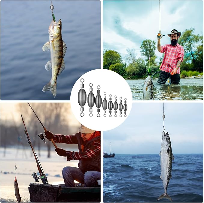 Seenelling 48 Pcs Trolling Sinkers with Swivels Brass Fishing Sinker Different Sizes Egg Sinkers Fishing Weights Saltwater Bullet Sinker with Swivel Rolling Removable Freshwater