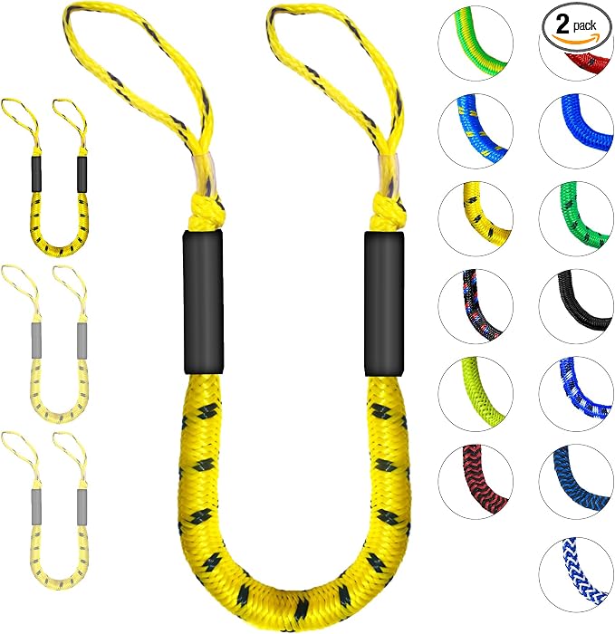 2-Pack Bungee Dock Lines for Boats with Loops, Boat Tie Downs for Docking, Adjustable Boat Mooring Rope for Pontoon, Jon Boat & PWC (Yellow & Black, 4 FT)