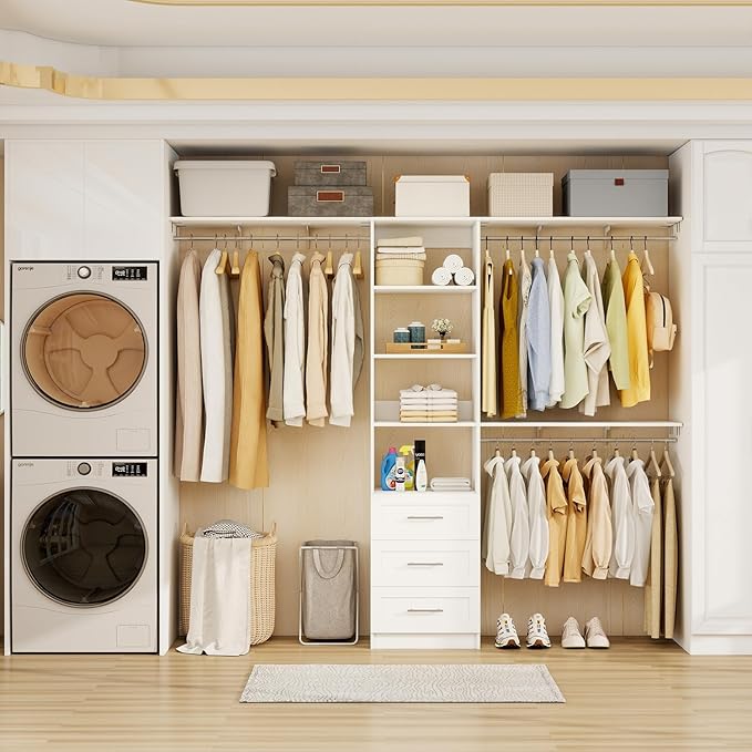 Closet System with Drawers, 5FT-8FT Closet Organizer System with Shelves & Adjustable Hanging Rods, 96" Walk in Closet System Storage Wood, White