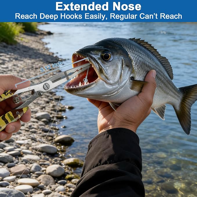Fishing Needle Nose Pliers for Saltwater, Long Nose Stainless Steel Hook Remover with Braid Line Cutter and Split Ring Tool, Spring Loaded Fishing Pliers