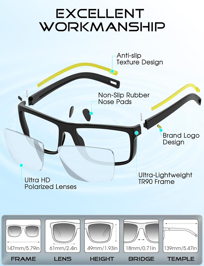 ATTCL Square Polarized Sunglasses for Men: Ultra-Light TR90 Frame UV400 Protection Sun Glasses for Fishing Driving